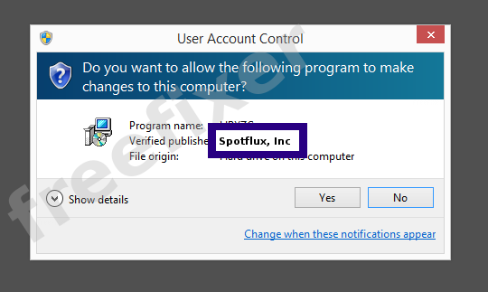 Screenshot where Spotflux, Inc appears as the verified publisher in the UAC dialog